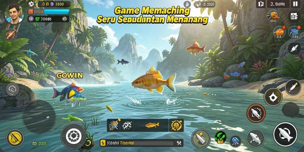 Screenshot utama GOWIN menampilkan aksi memancing yang seru.