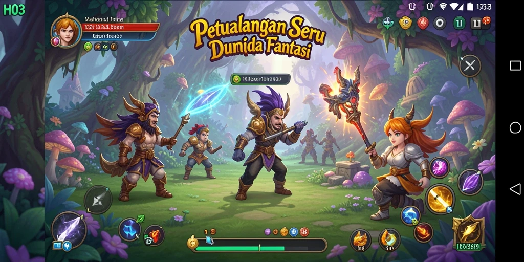 Screenshot H03 menampilkan pemain menjelajahi hutan ajaib.