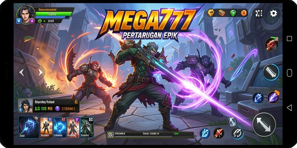 Tangkapan layar utama MEGA777 menunjukkan pertarungan seru dan karakter unik.