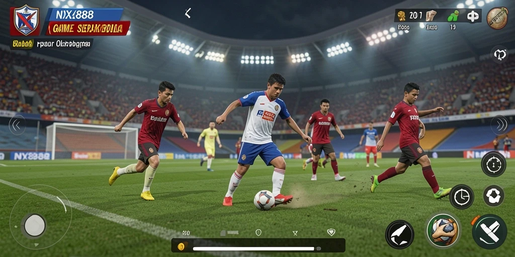 Tampilan gameplay NX888 dengan aksi seru di lapangan sepak bola.