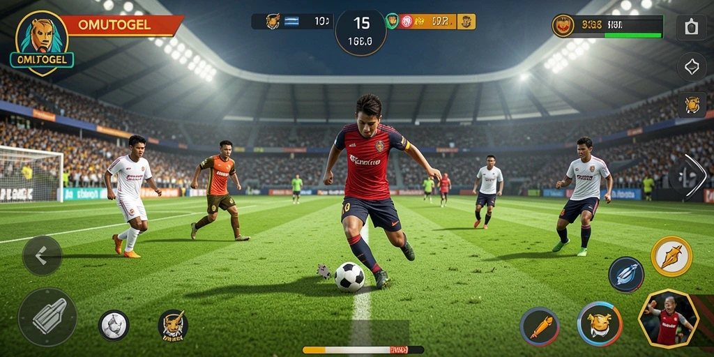 Tangkapan layar gameplay OMUTOGEL menampilkan pertandingan seru sepak bola.