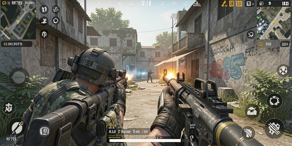 Screenshot gameplay RR789 menampilkan aksi mendebarkan dalam pertempuran FPS.