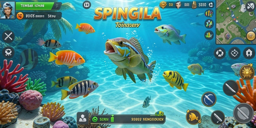 Tampilan gameplay seru SPINGILA saat menembak ikan di bawah laut.