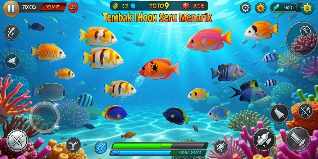 Tampilan gameplay seru dalam TOTO9 saat berburu ikan.